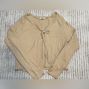 Gaze Beige Ribbed Tie Front Crop Top Long Sleeve Medium